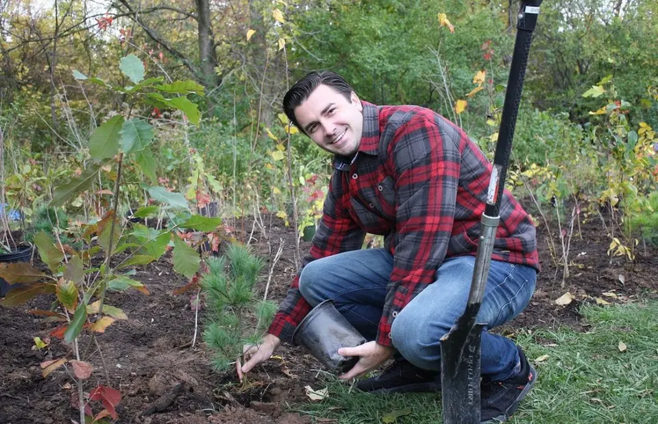 Matt Francis planting a tree with a shovel